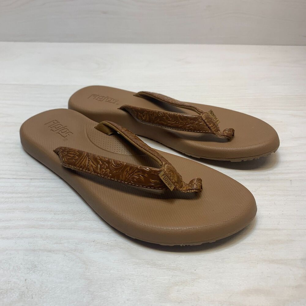 Flojos Artisan Flip Flop Sandals Womens Size 7 Brown Textured Floral Thong